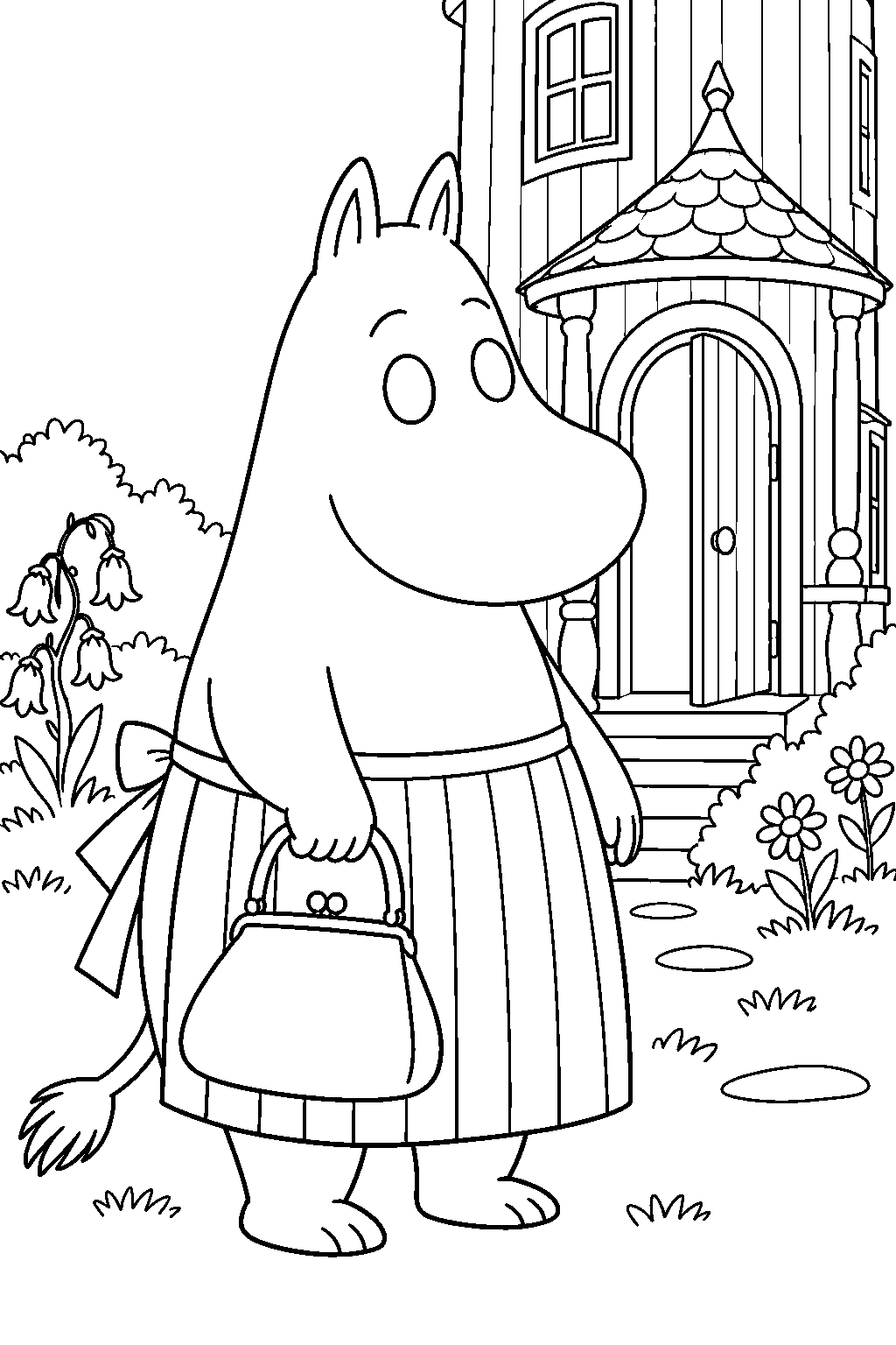 moominmamma carrying her handbag in a striped apron outside the moominhouse line art