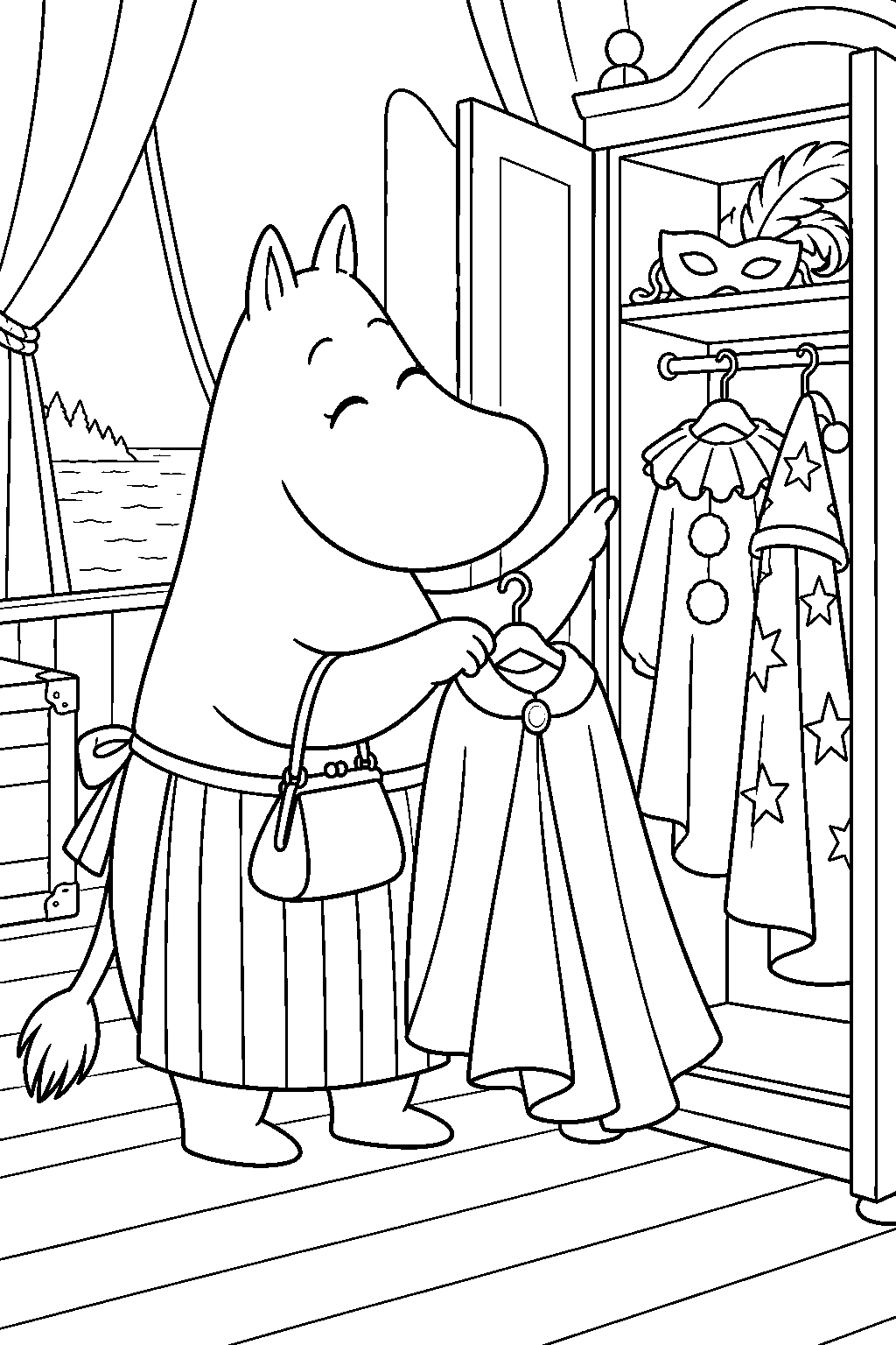 moominmamma choosing a costume in the floating theatre wardrobe line art