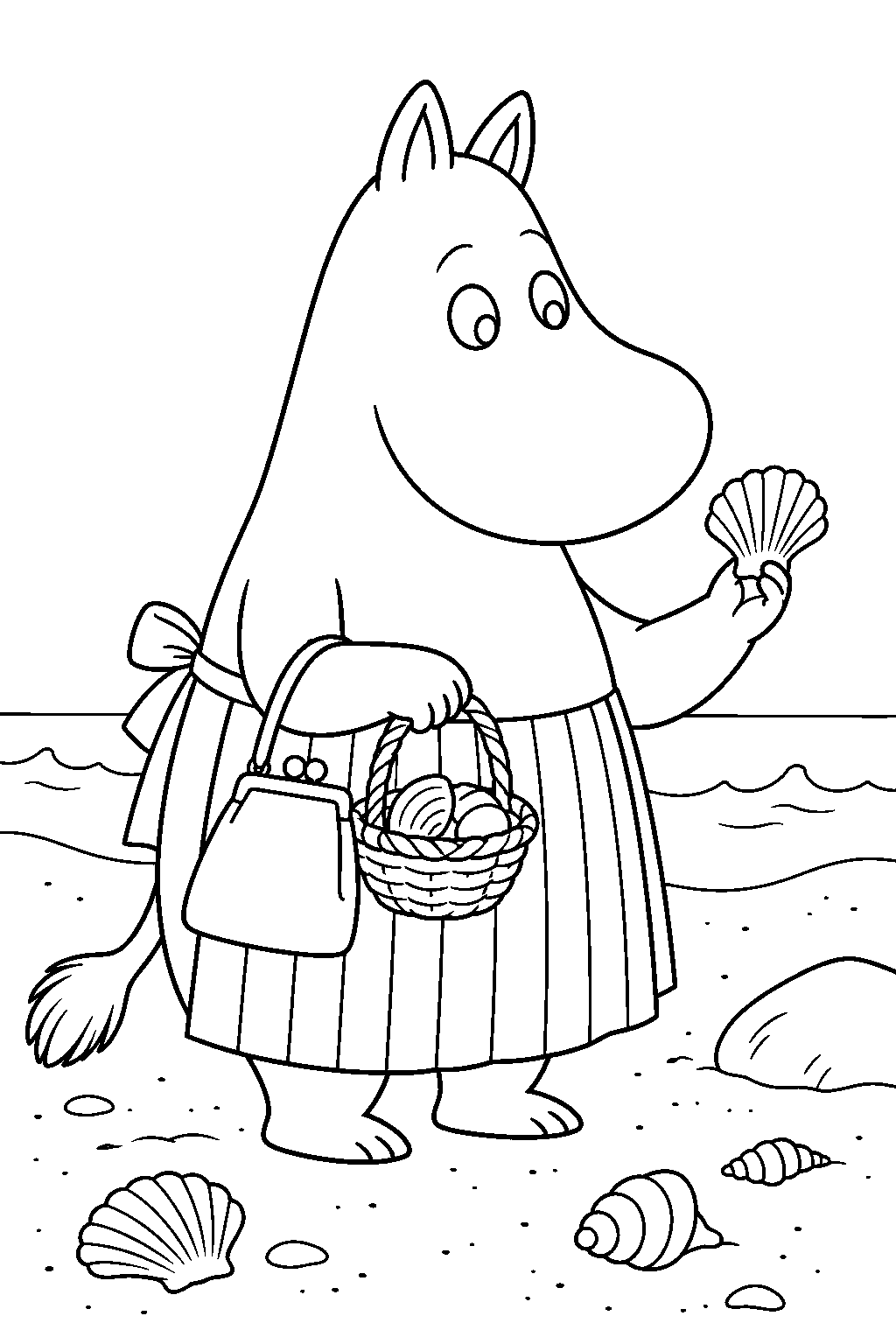 moominmamma collecting seashells on the beach line art