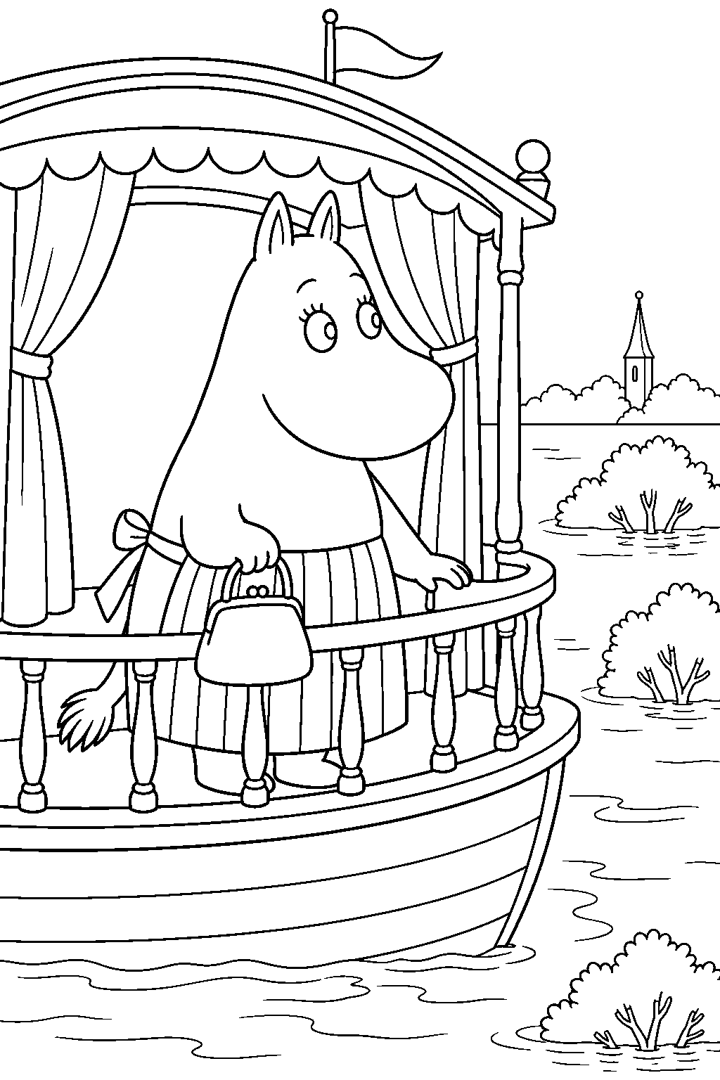 moominmamma escaping the summer flood aboard a floating theatre line art