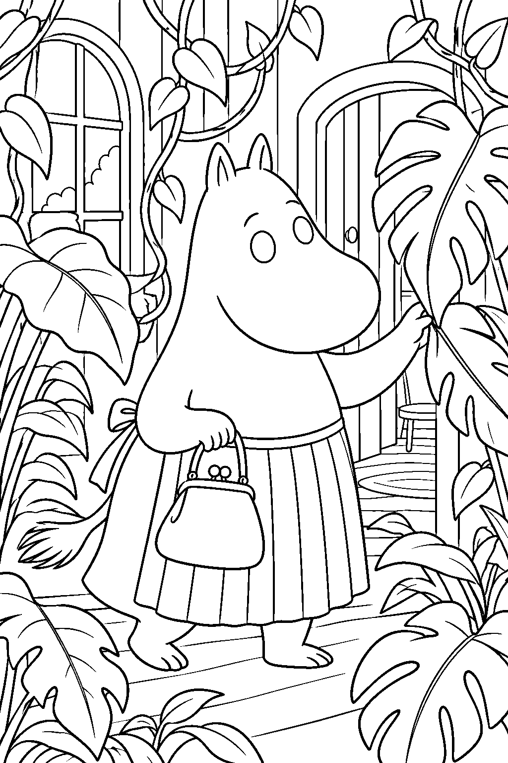 moominmamma exploring the jungle inside the moominhouse line art