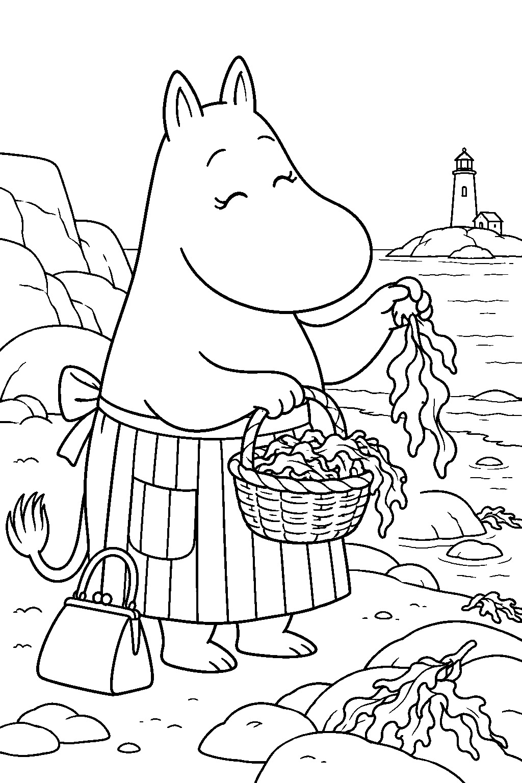 moominmamma gathering seaweed for her garden on the lighthouse island line art