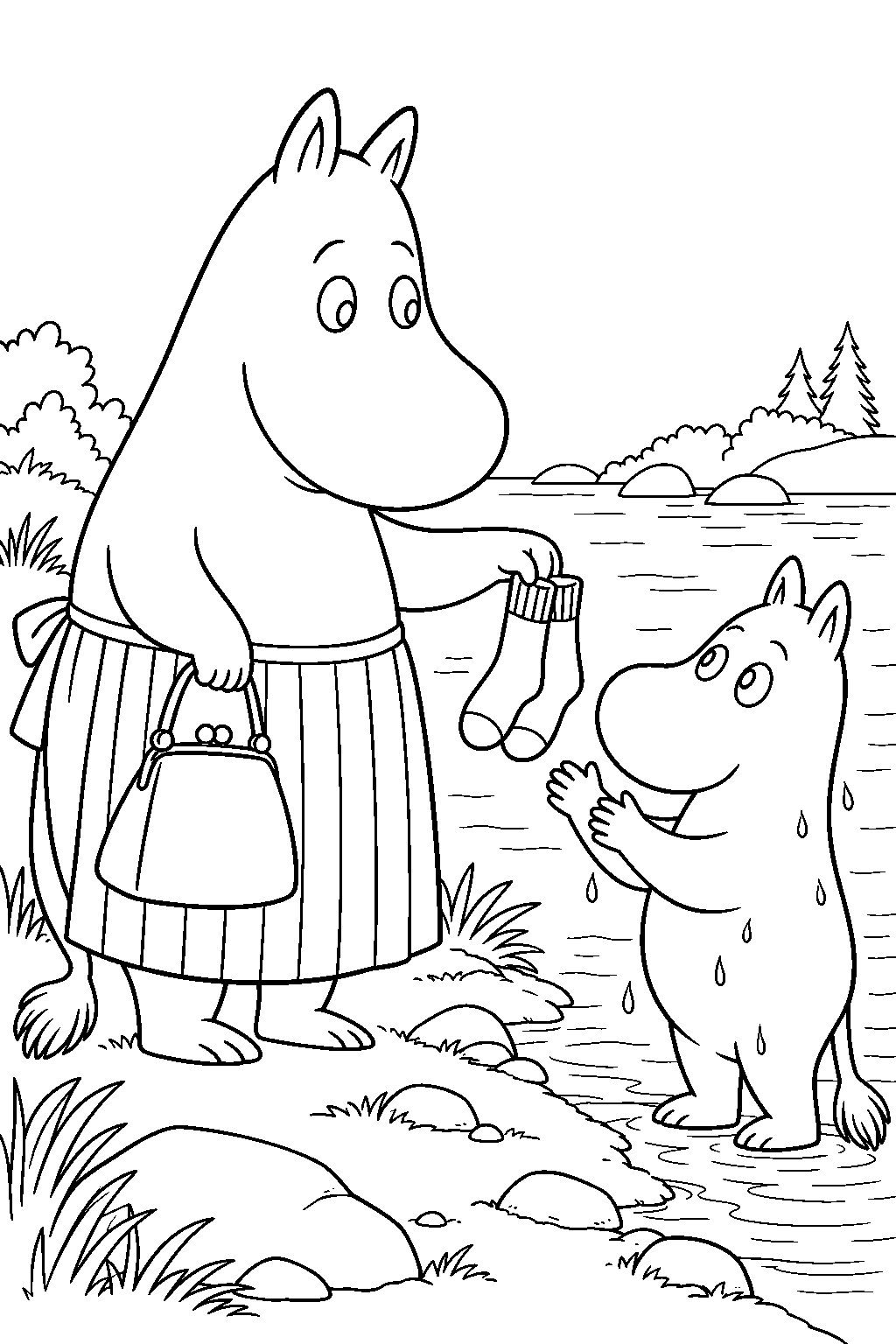 moominmamma giving dry socks to moomintroll after a swim line art