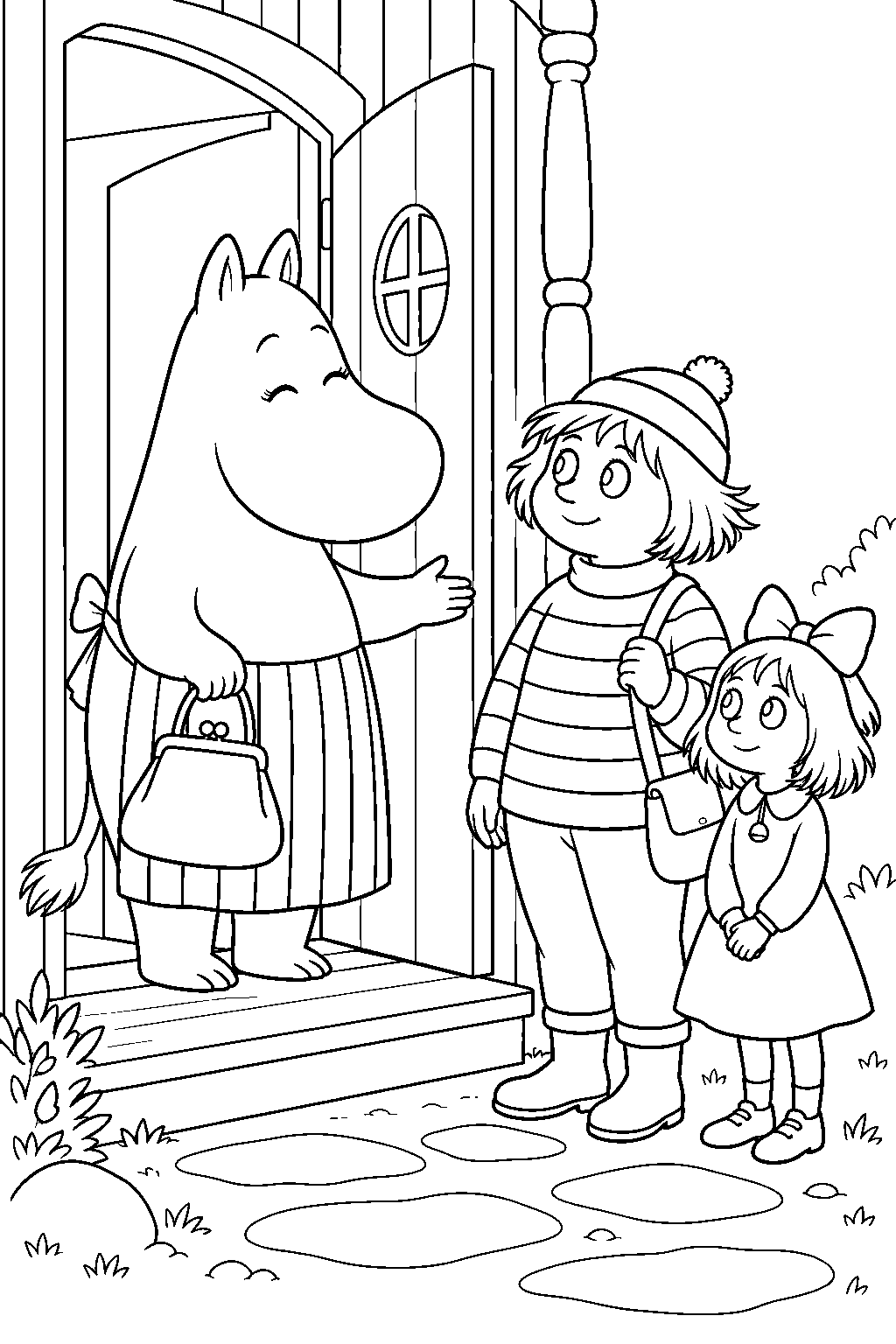 moominmamma greeting too ticky and ninny at the front door line art
