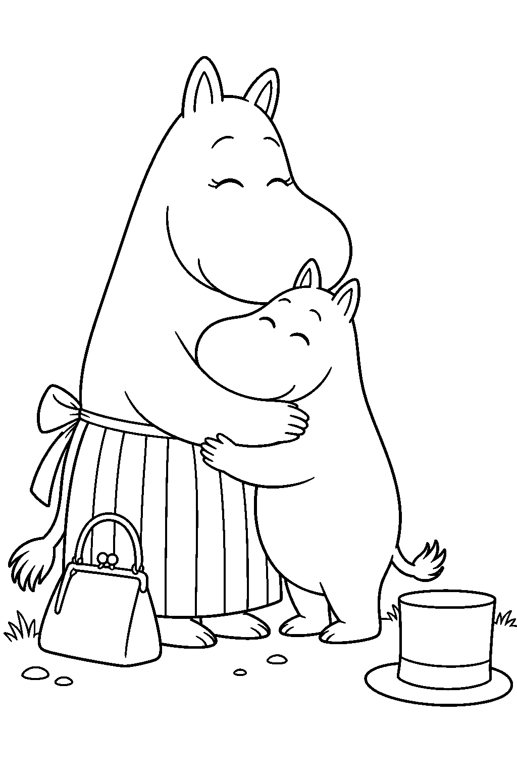 moominmamma hugging moomintroll beside the hobgoblin s hat line art
