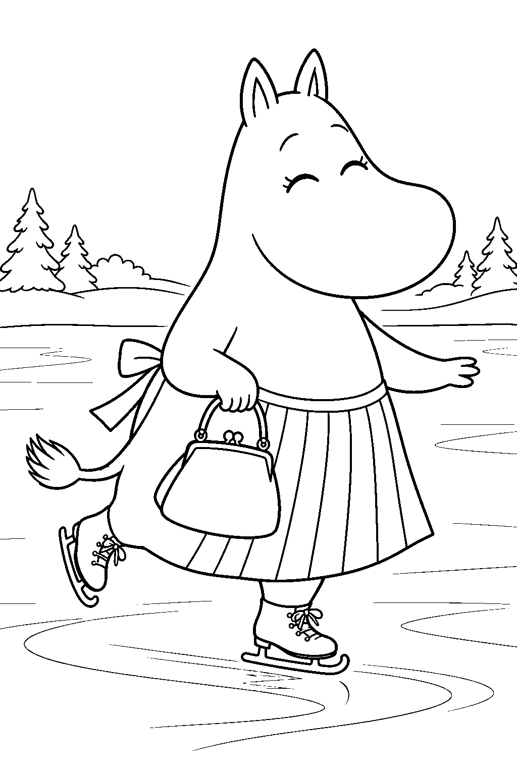 moominmamma ice skating on a frozen pond with her handbag line art