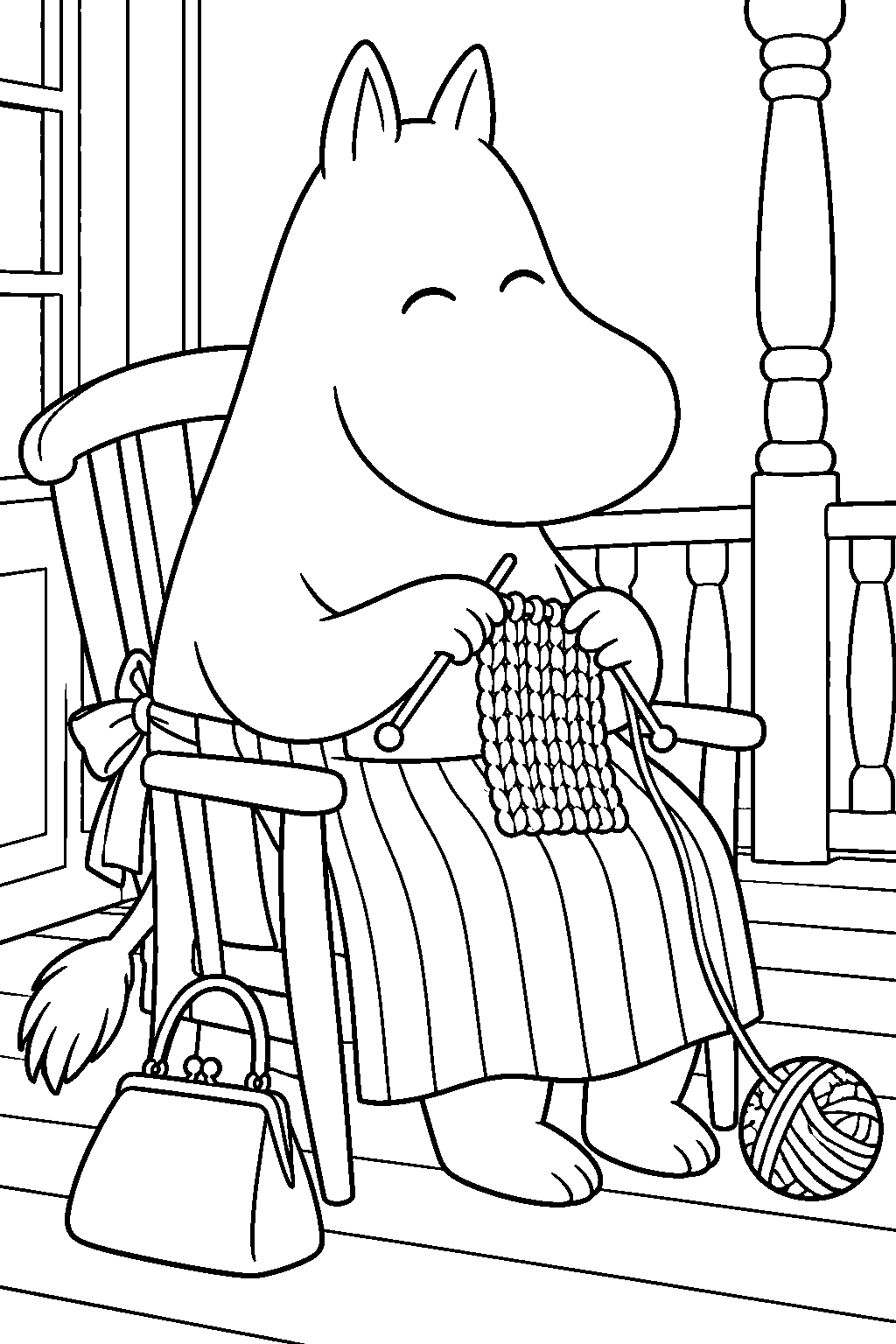 moominmamma knitting on the moominhouse veranda line art