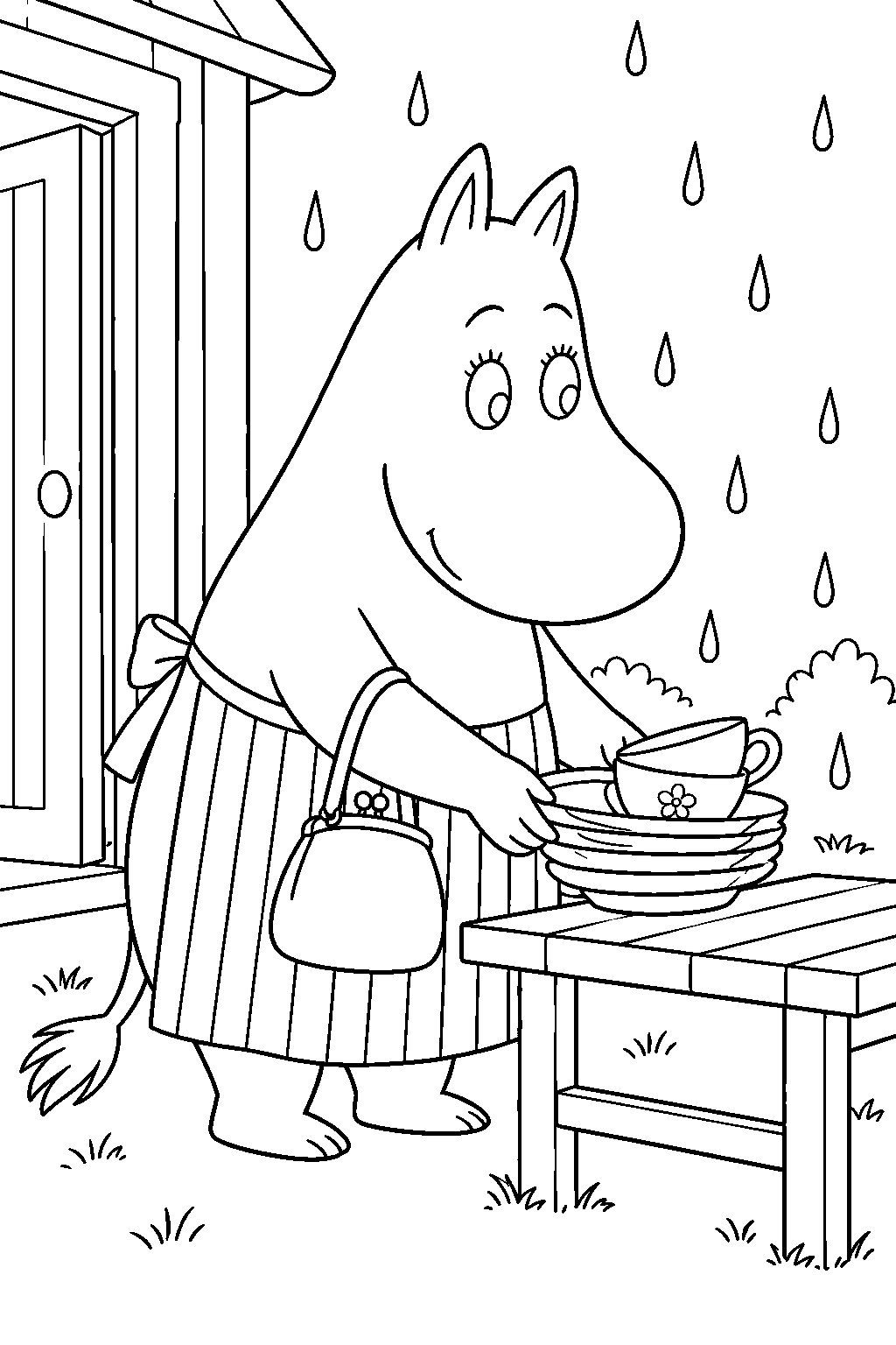 moominmamma leaving dishes outside in the rain line art