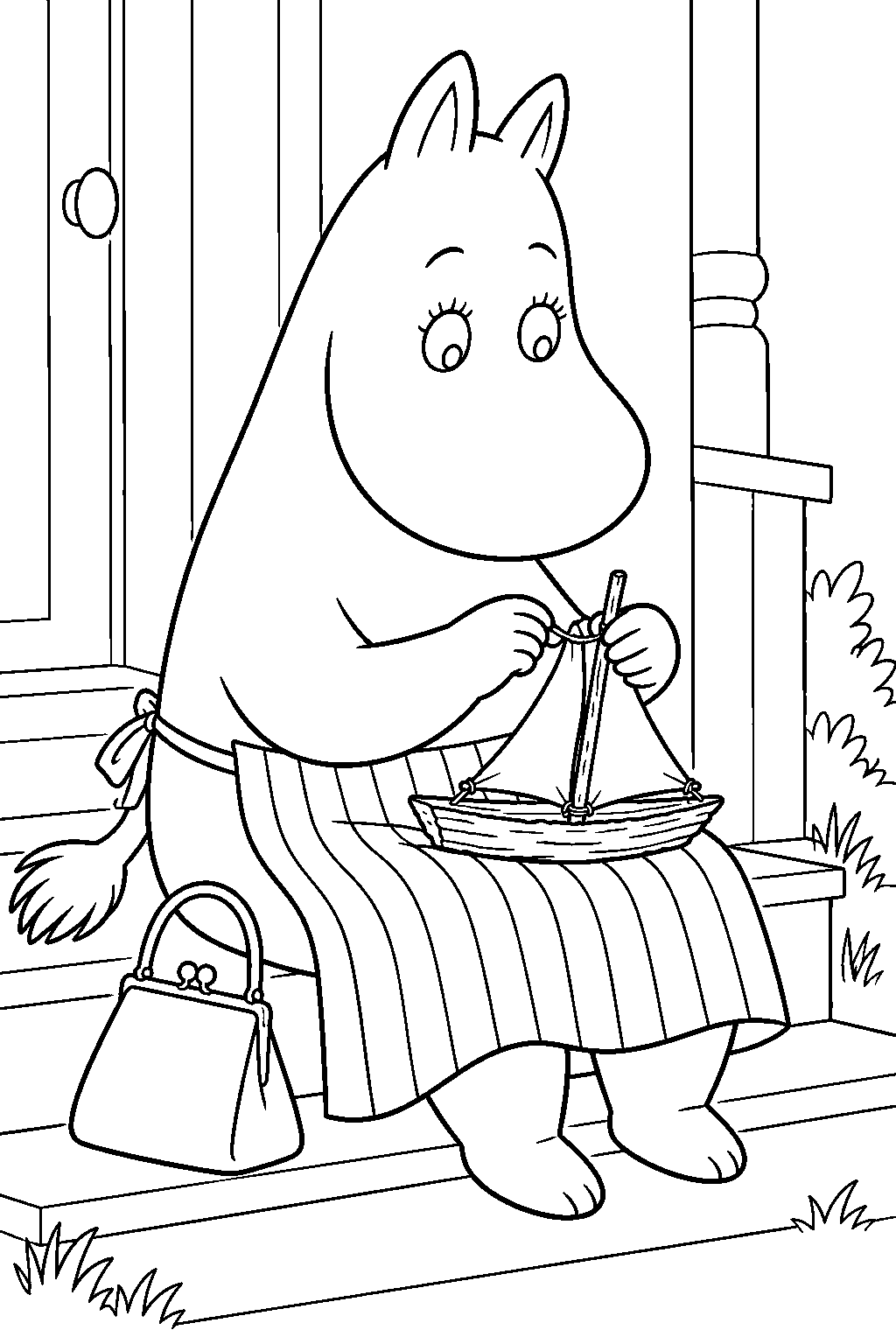 moominmamma making a bark sailboat on the front steps line art