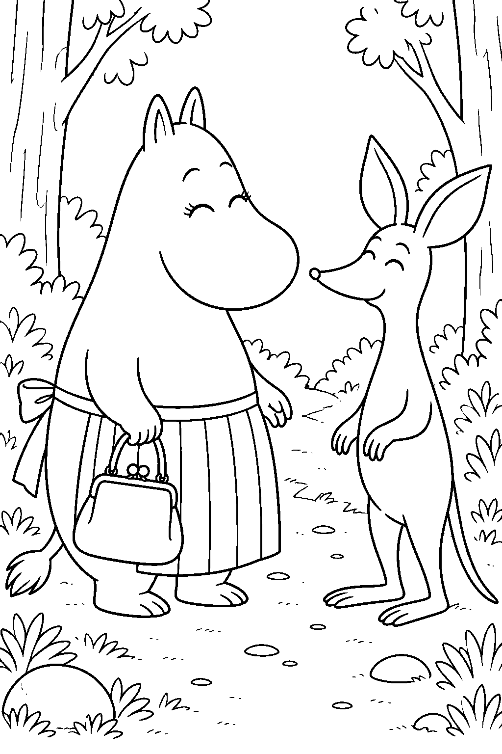 moominmamma meeting sniff on a forest path line art