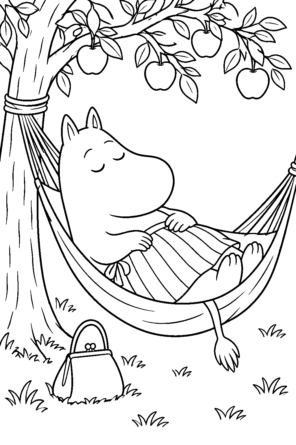 moominmamma napping in a hammock under an apple tree line art