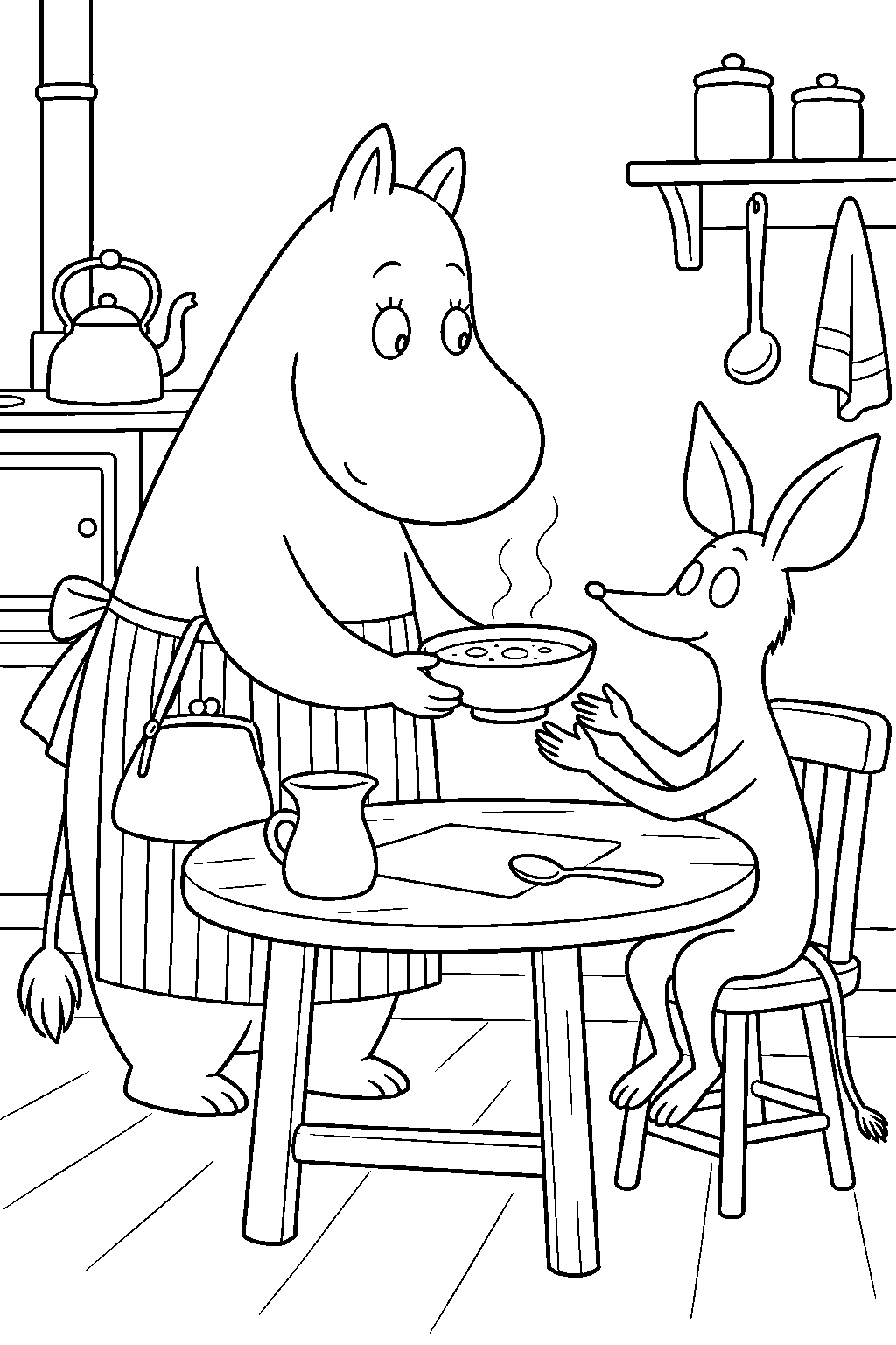 moominmamma offering sniff a bowl of soup in the kitchen line art