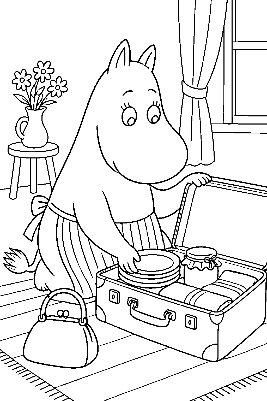 moominmamma packing a jam jar and plates for a holiday line art