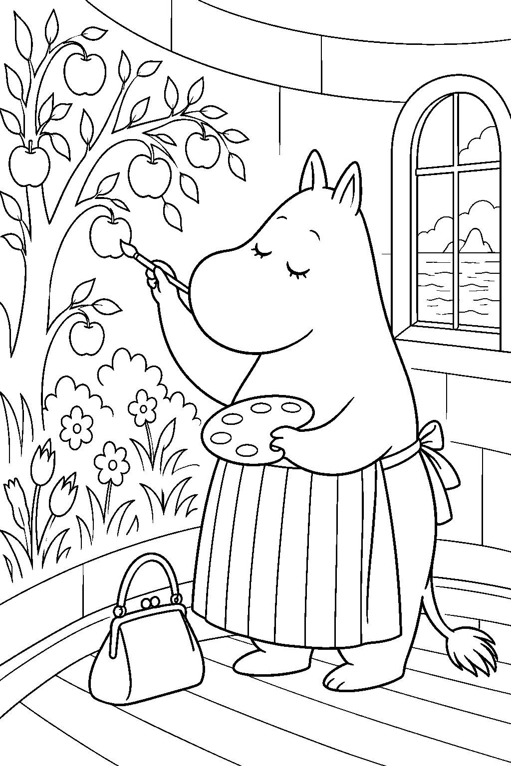 moominmamma painting an apple tree on the lighthouse wall line art