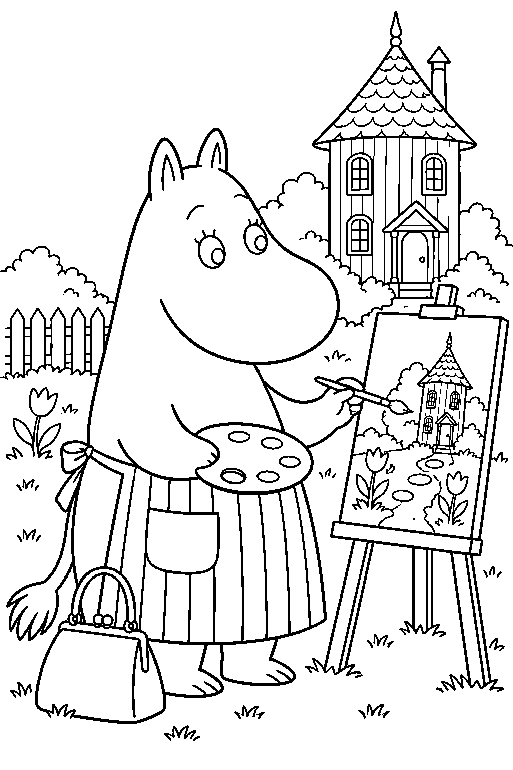 moominmamma painting the moominhouse garden at an easel line art