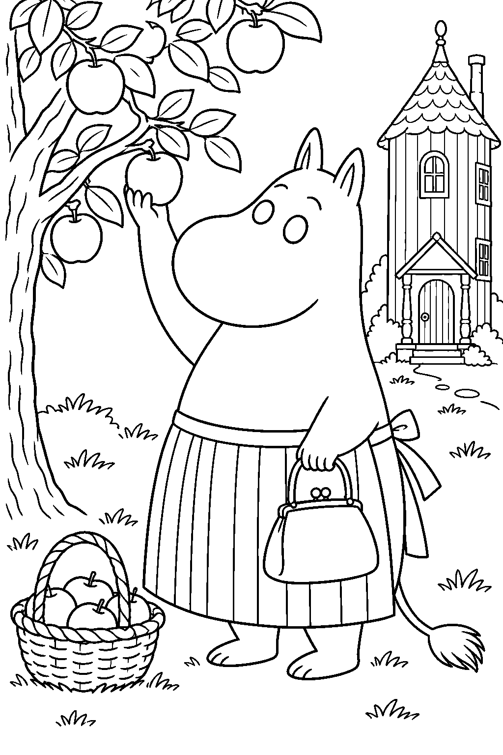 moominmamma picking apples beside the moominhouse line art