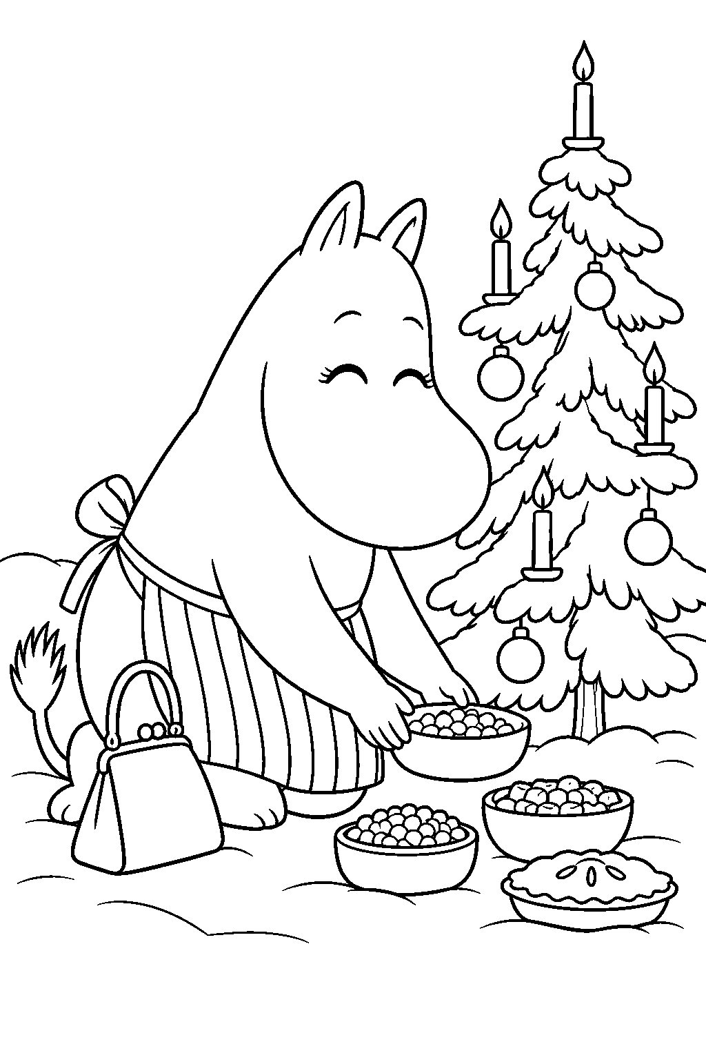moominmamma placing bowls of food beneath a christmas tree line art