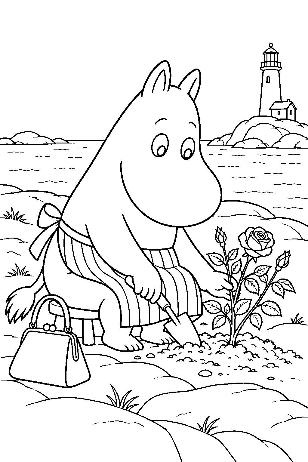 moominmamma planting a rosebush on the lighthouse island line art