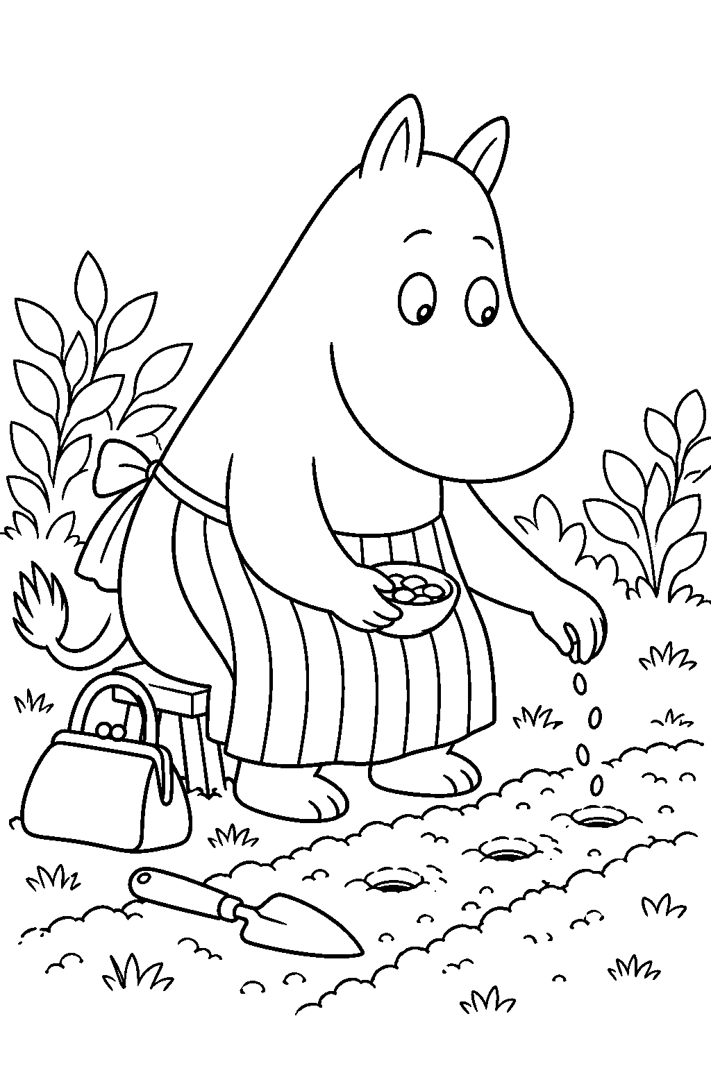 moominmamma planting vegetable seeds in a garden bed line art