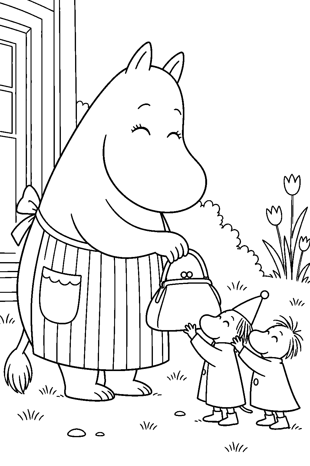 moominmamma receiving her lost handbag from thingumy and bob line art