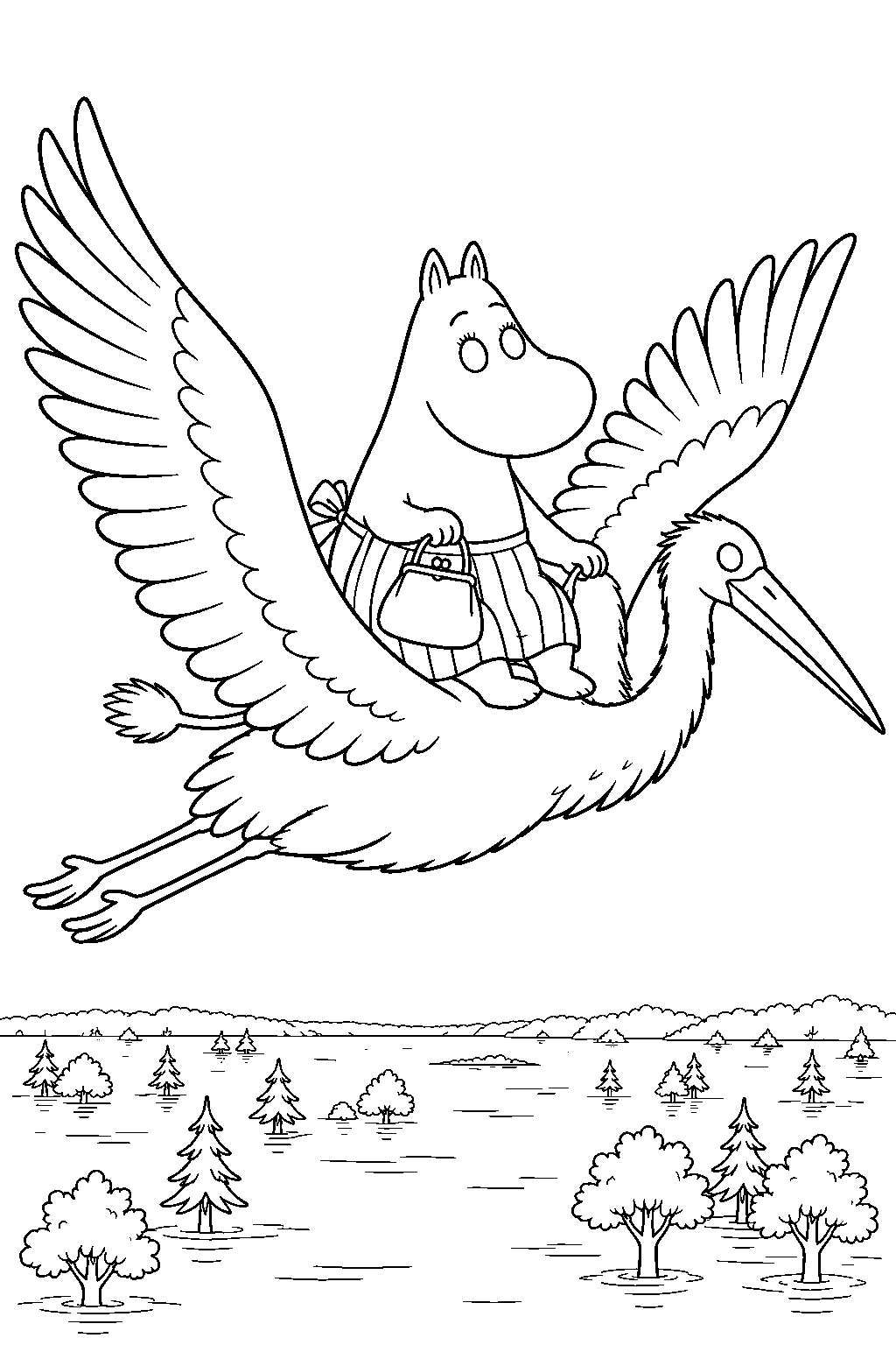 moominmamma riding a stork above the flooded forest line art