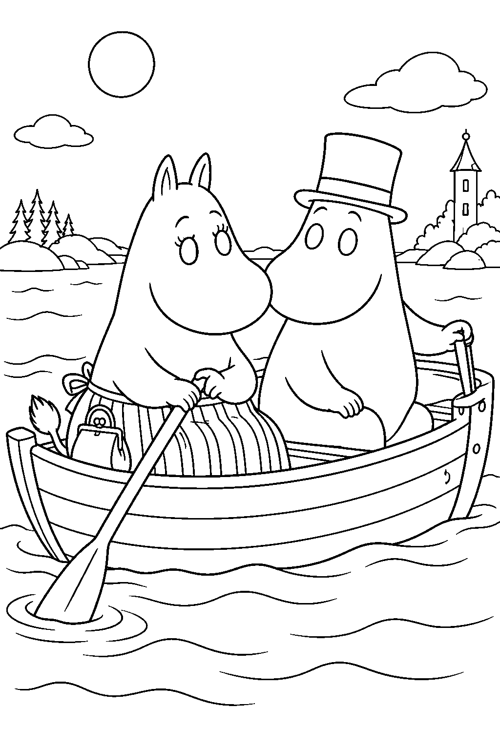 moominmamma sailing with moominpappa in a small boat line art