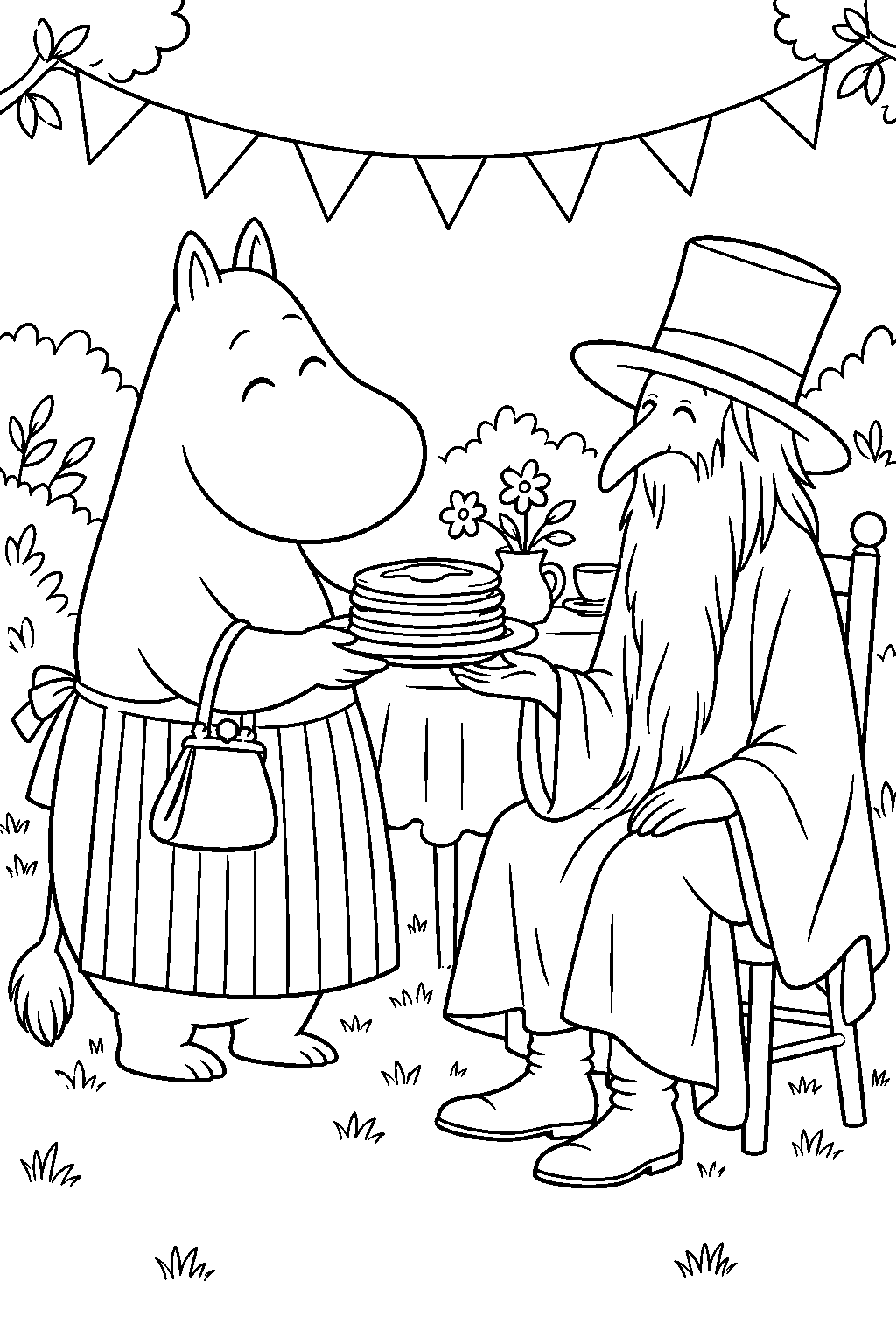 moominmamma serving pancakes to the hobgoblin at a garden party line art