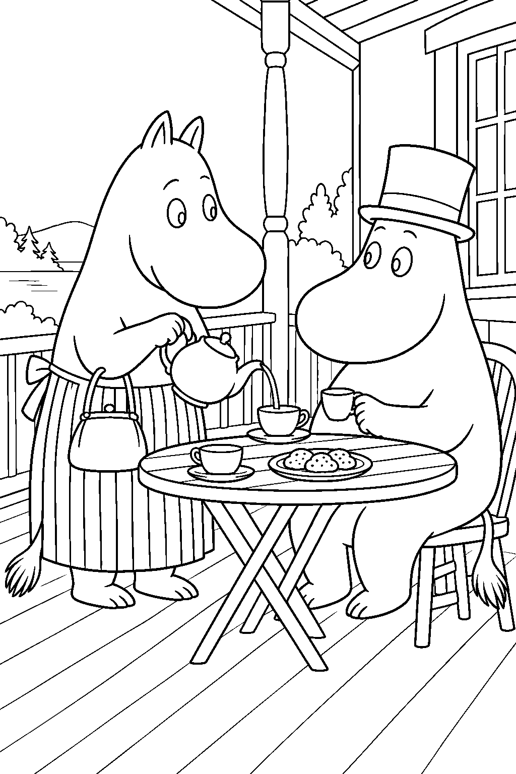 moominmamma serving tea to moominpappa on the veranda line art