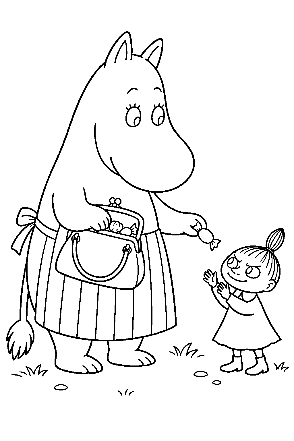 moominmamma sharing sweets from her handbag with little my line art