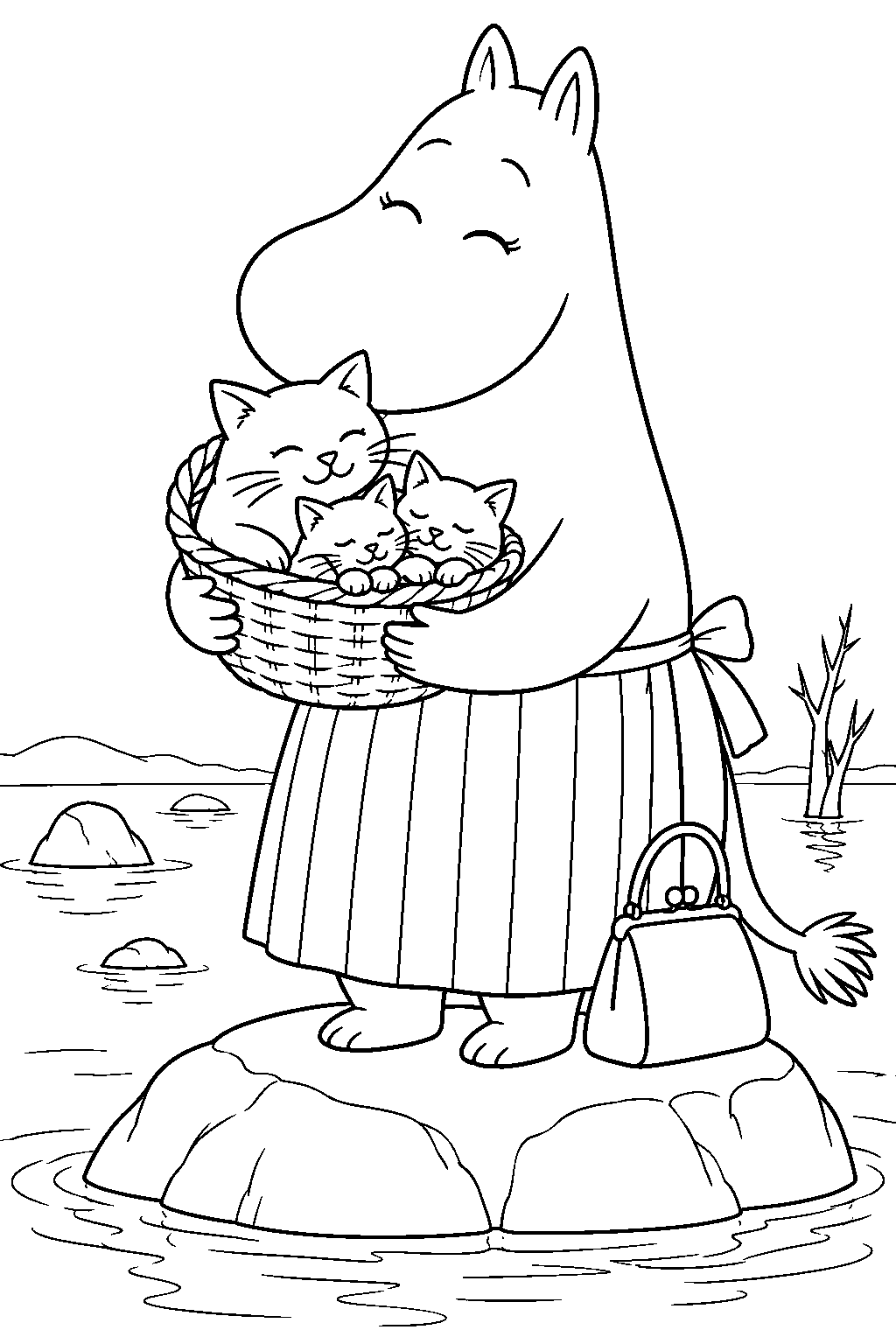 moominmamma sheltering a cat and her kittens during the great flood line art
