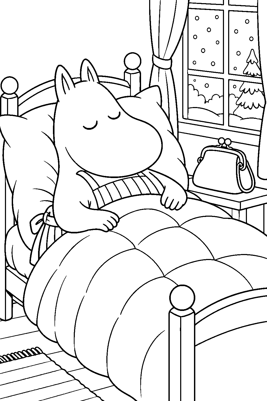moominmamma sleeping in her winter bed with her handbag line art