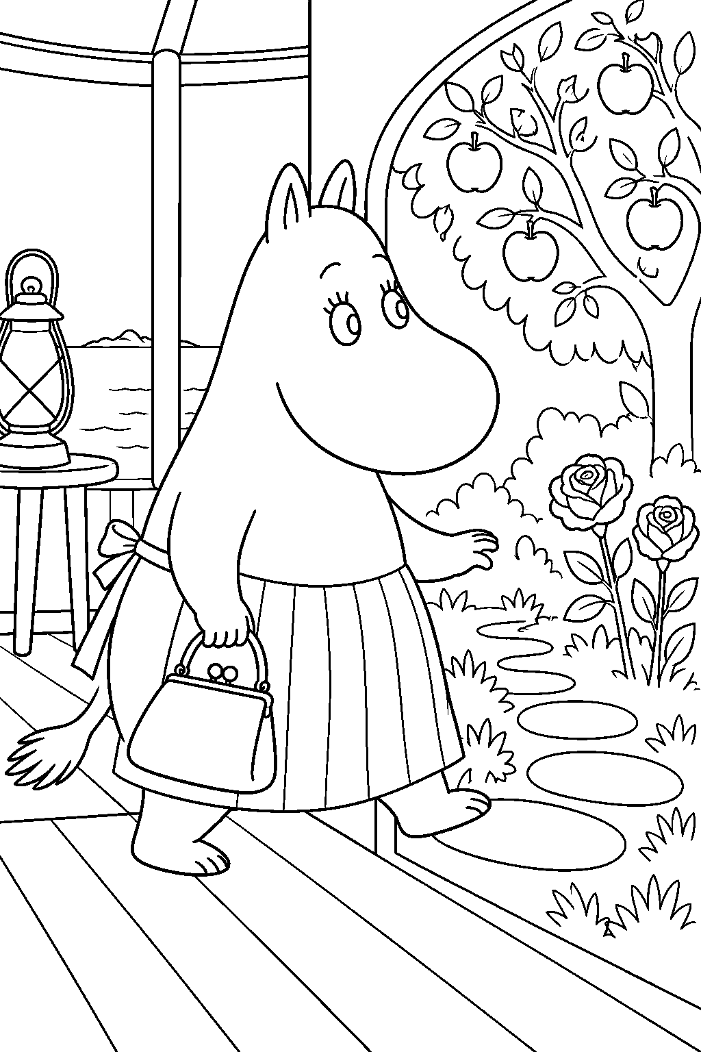 moominmamma stepping into her painted garden in the lighthouse line art