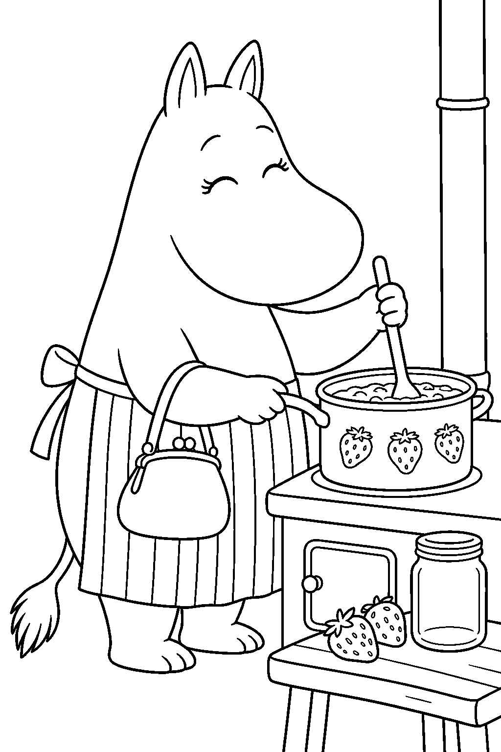 moominmamma stirring strawberry jam in a pot line art