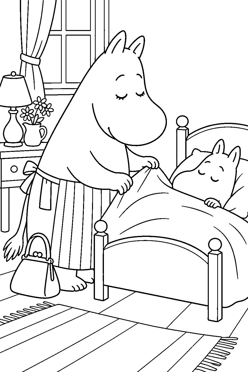 moominmamma tucking moomintroll into bed in the moominhouse line art