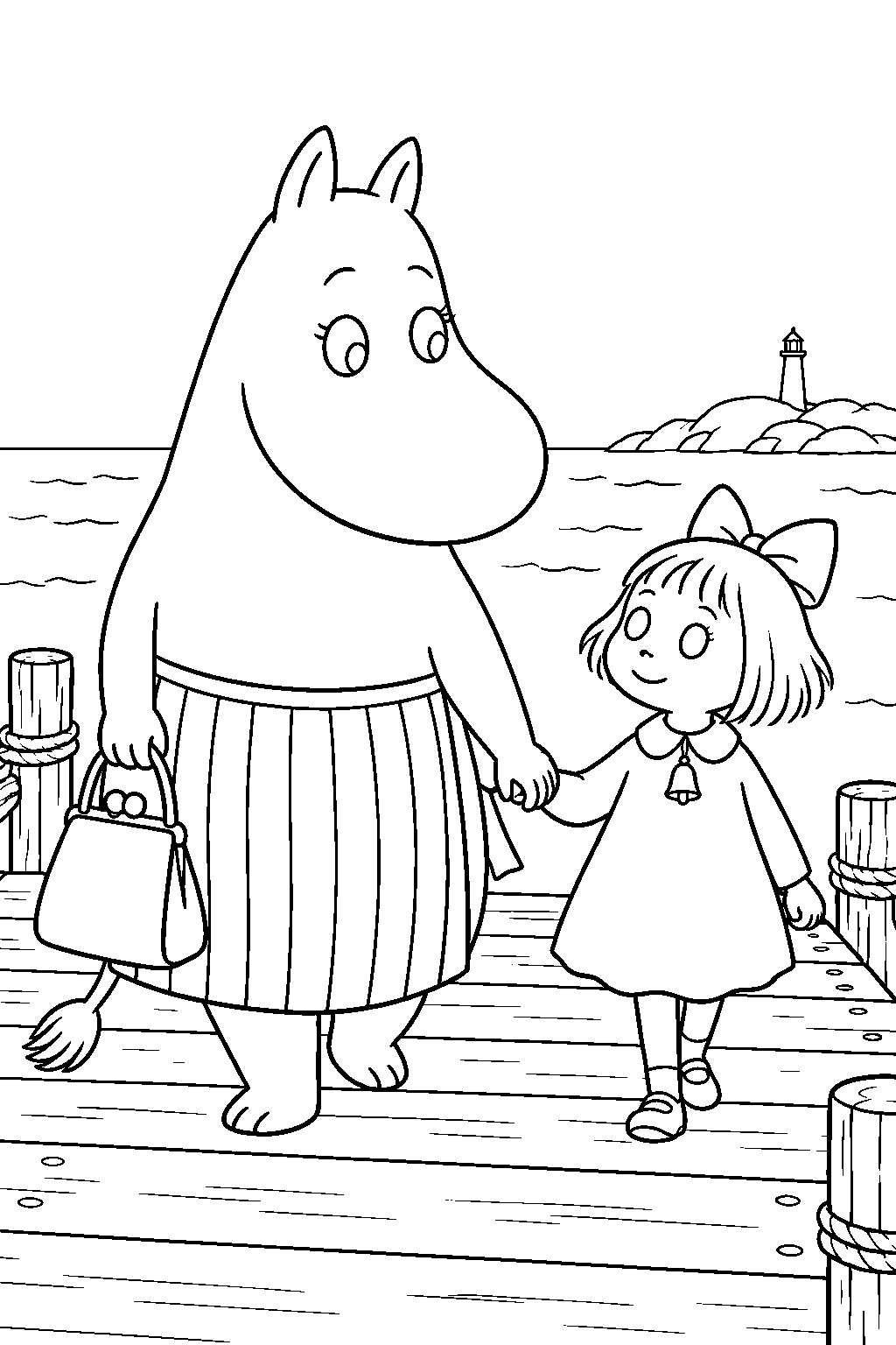 moominmamma walking with a fully visible ninny along the seaside jetty line art