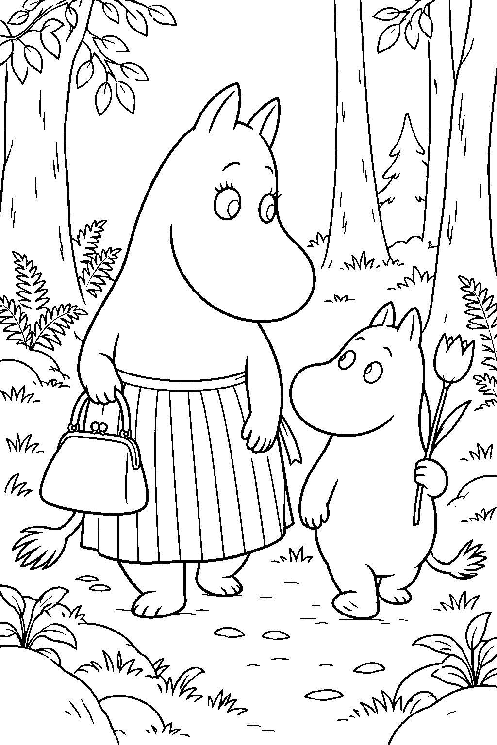 moominmamma walking with moomintroll and his tulip through the forest line art