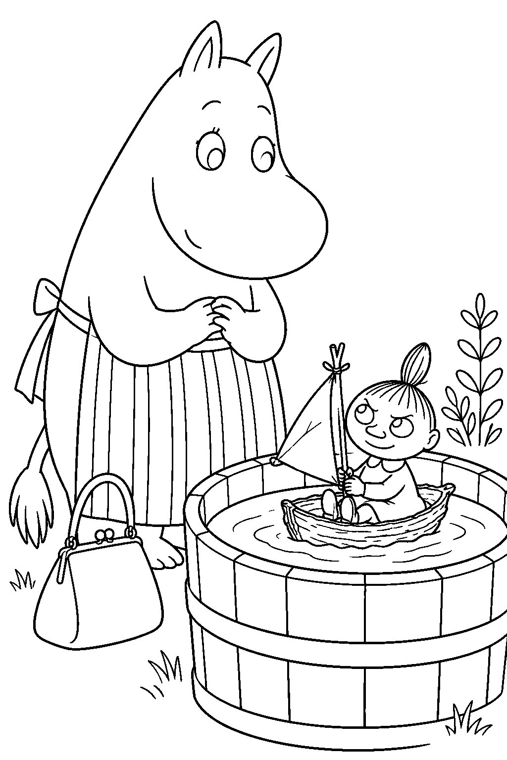 moominmamma watching little my sail a bark boat in a water barrel line art