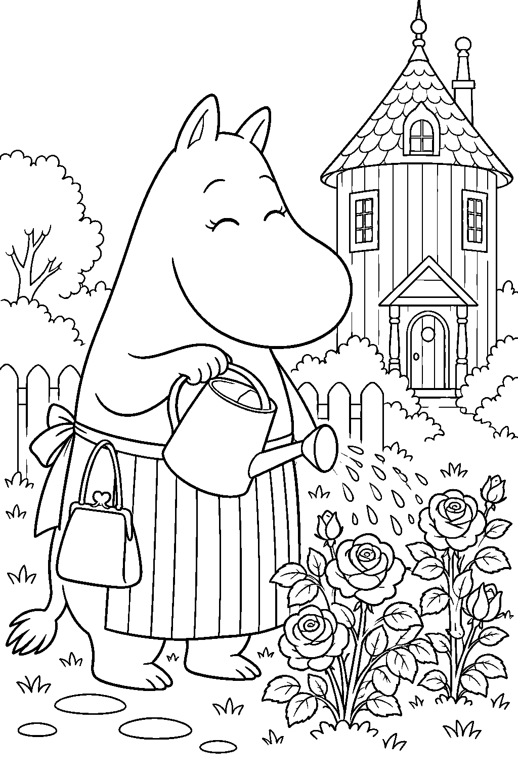 moominmamma watering roses in the moominhouse garden line art