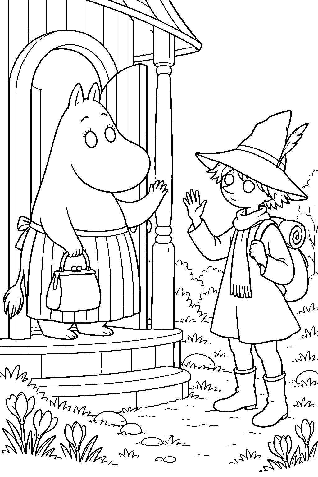 moominmamma welcoming snufkin home in spring line art