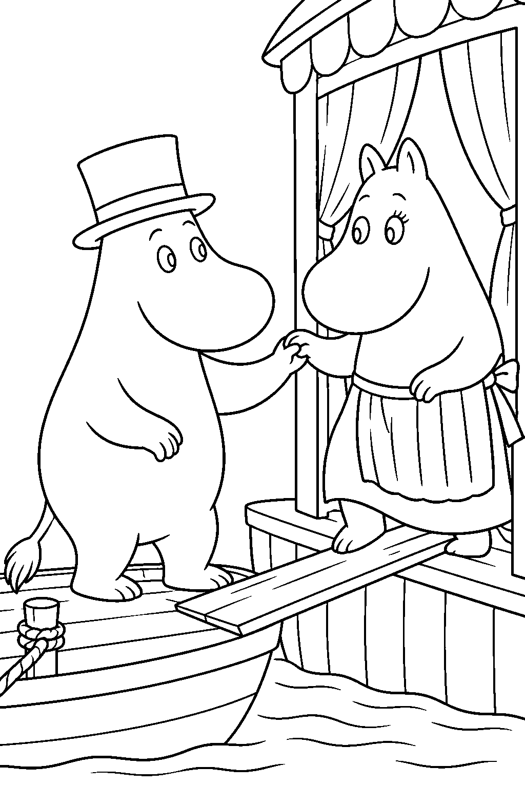 moominpappa boarding the floating theatre with moominmamma during the flood line art