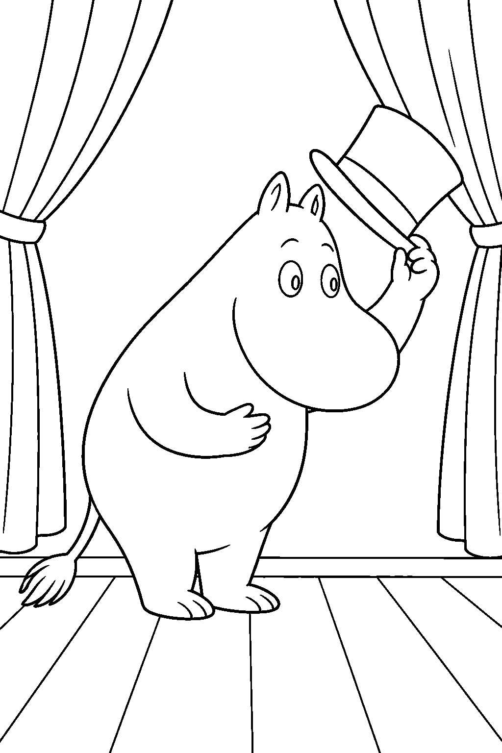moominpappa bowing beneath the curtains after the floating theatre performance line art