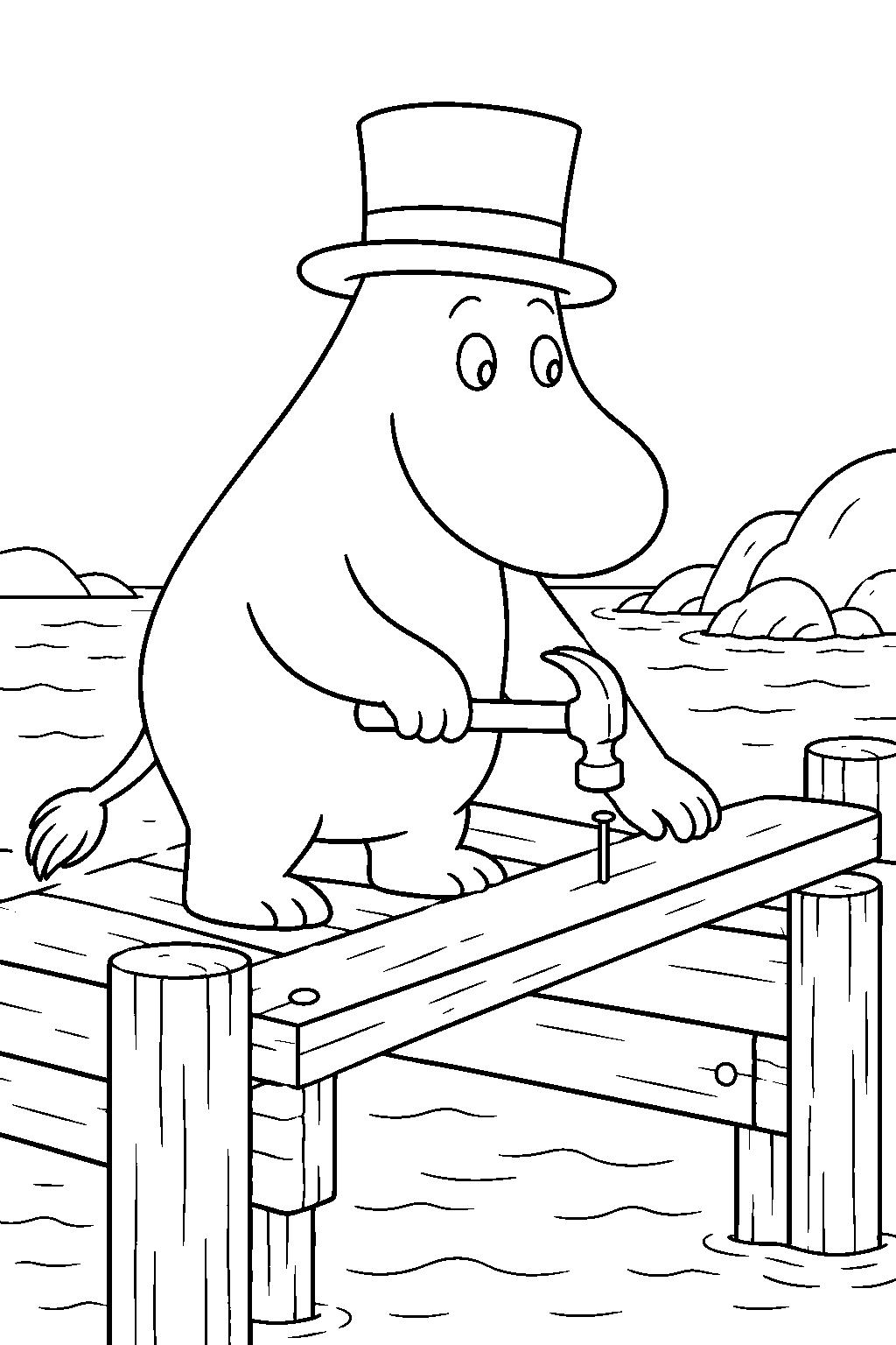 moominpappa building a wooden pier on the rocky island line art