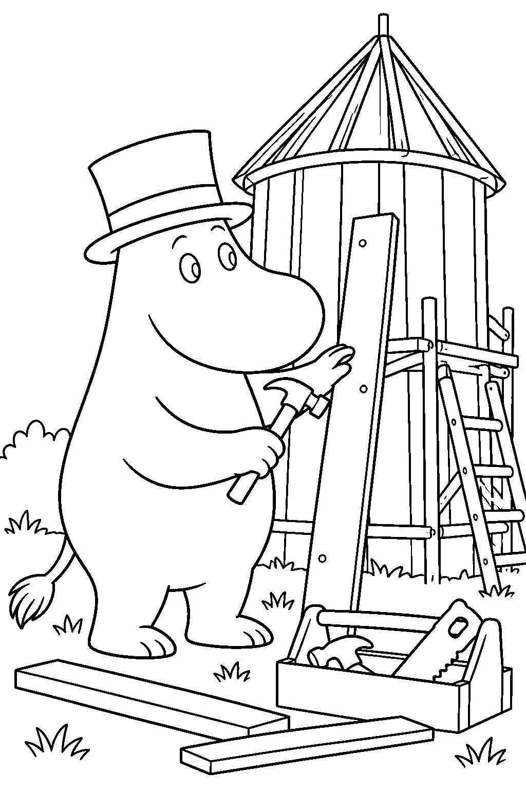 moominpappa building the round moominhouse with wooden planks and tools line art