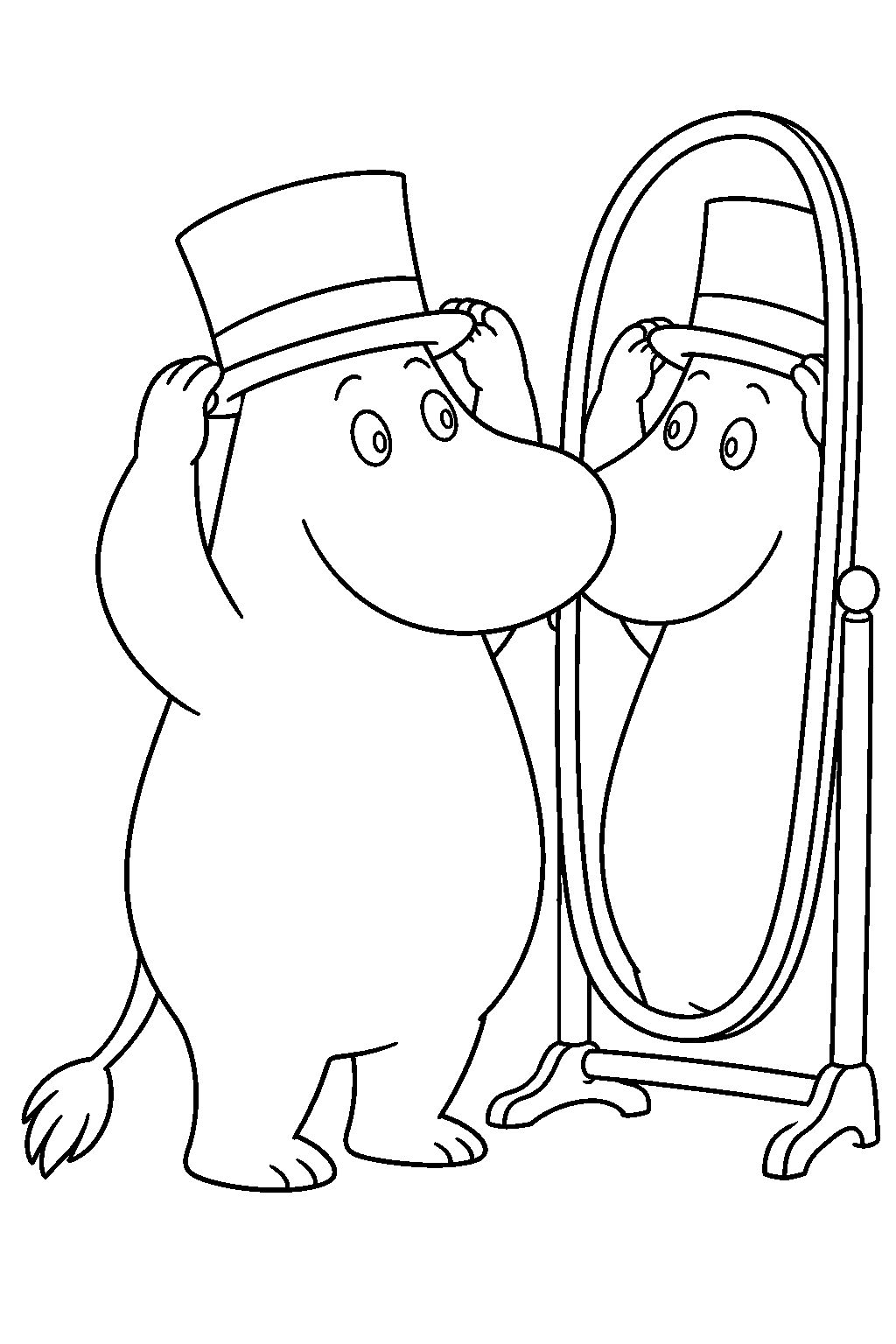 moominpappa checking his top hat in a mirror line art