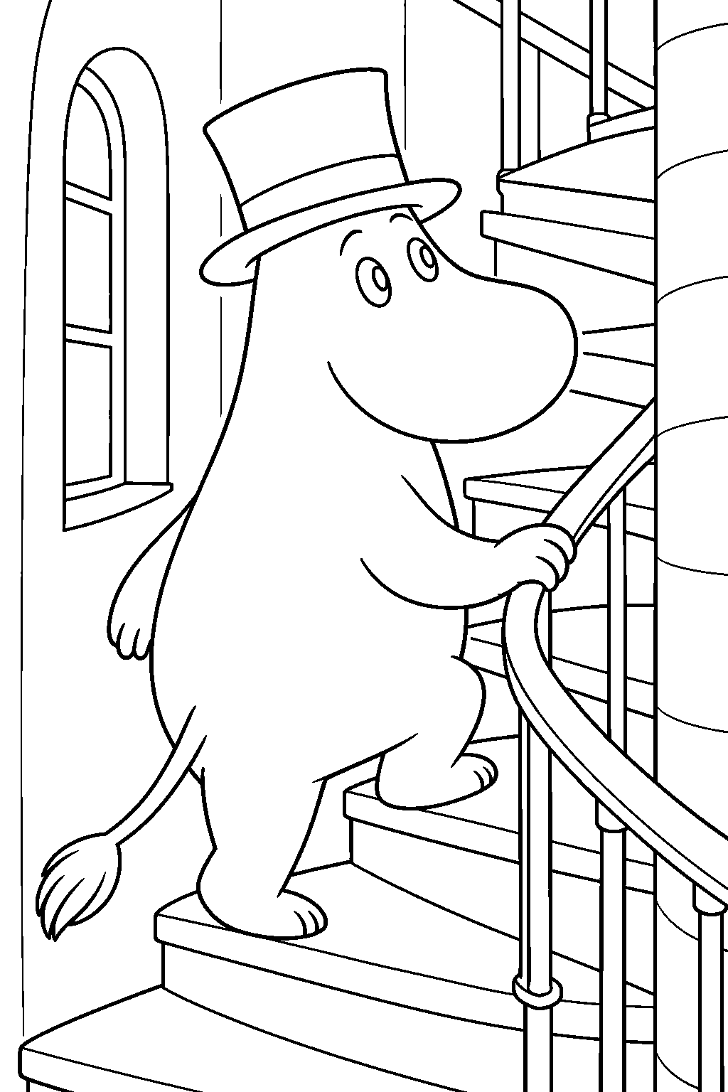 moominpappa climbing the spiral staircase inside the island lighthouse line art