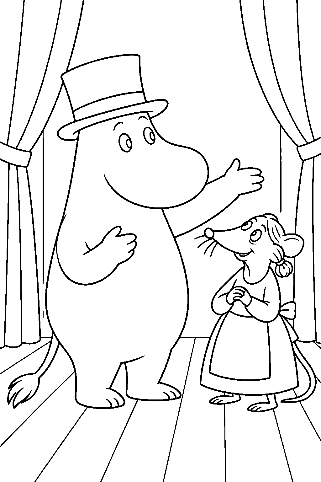 moominpappa discussing the theatre stage with emma the stage rat line art