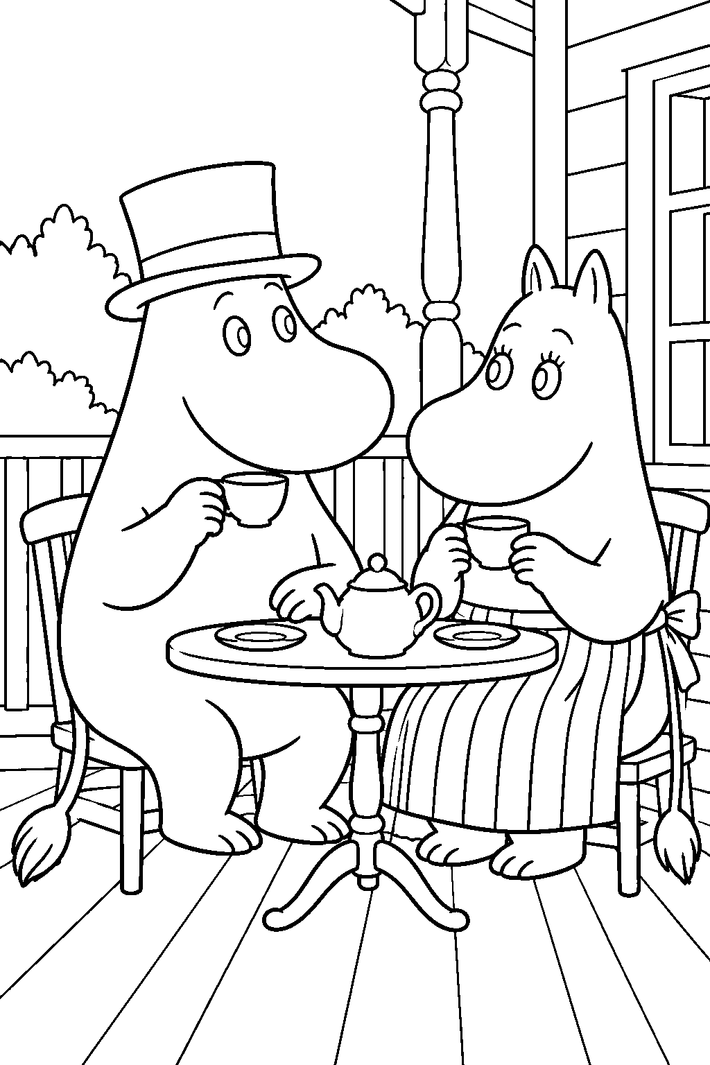 moominpappa drinking tea with moominmamma on the veranda line art