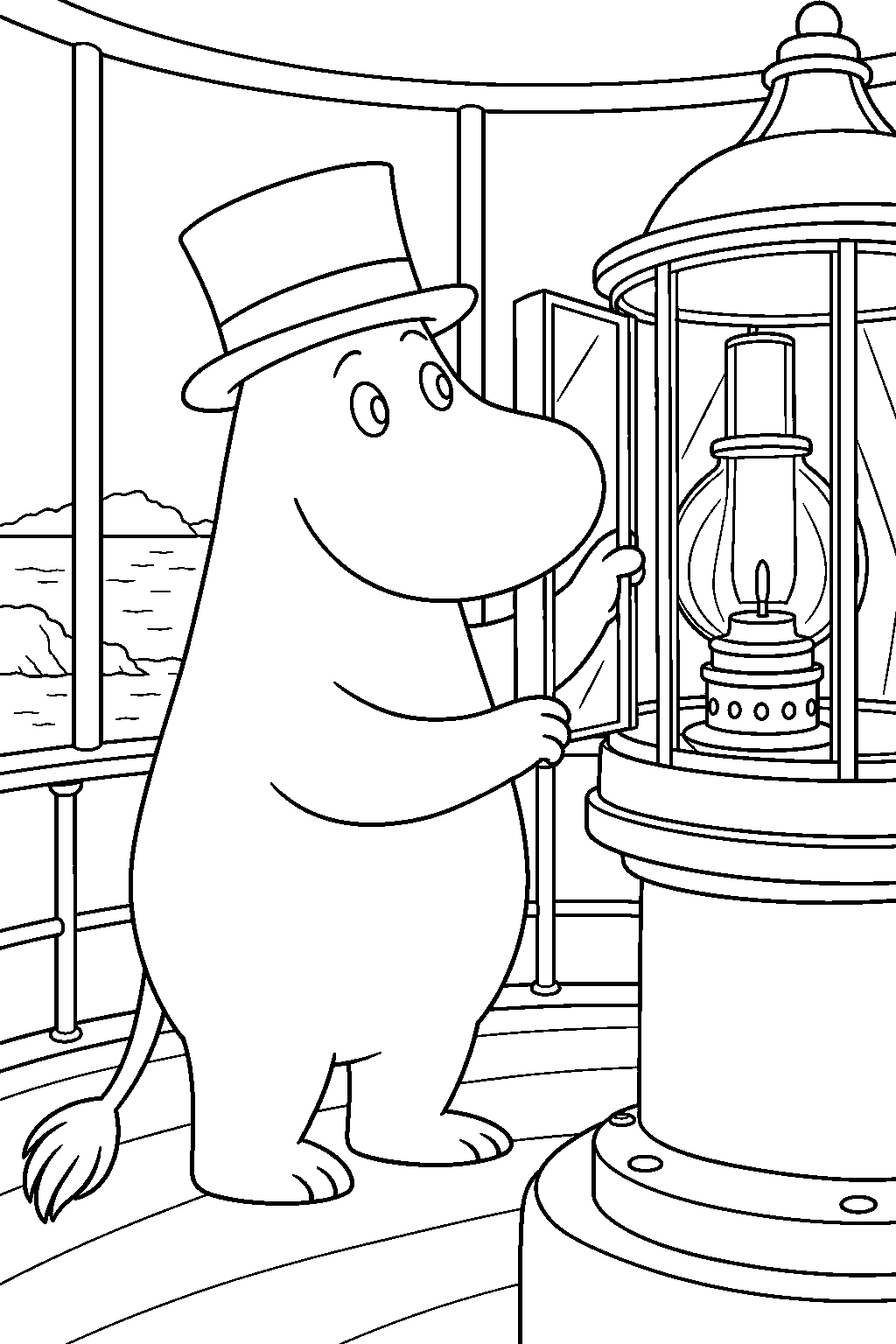 moominpappa examining the unlit lighthouse lamp line art