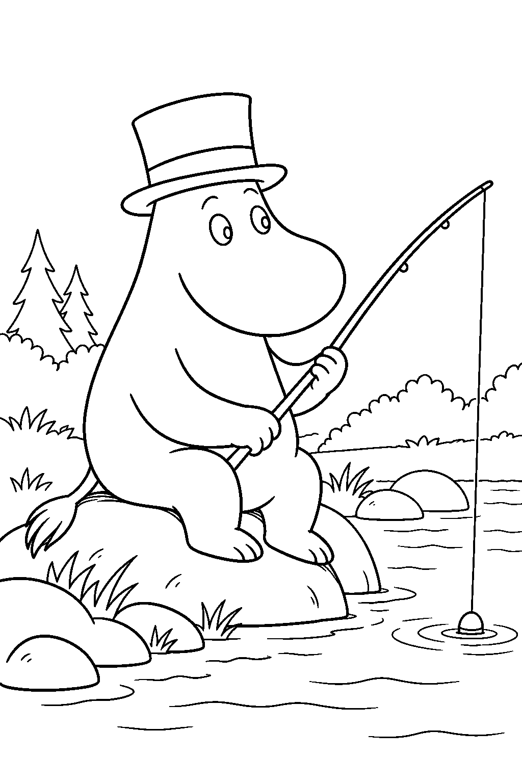 moominpappa fishing with a rod beside the river in moominvalley line art