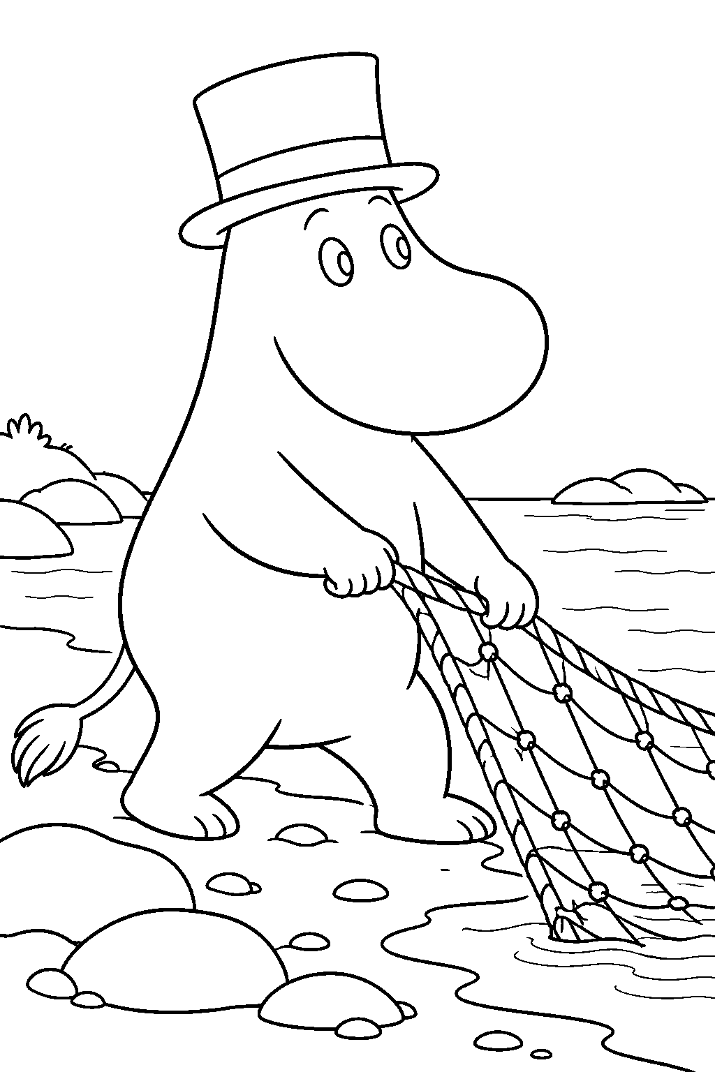 moominpappa hauling a fishing net onto the island shore line art